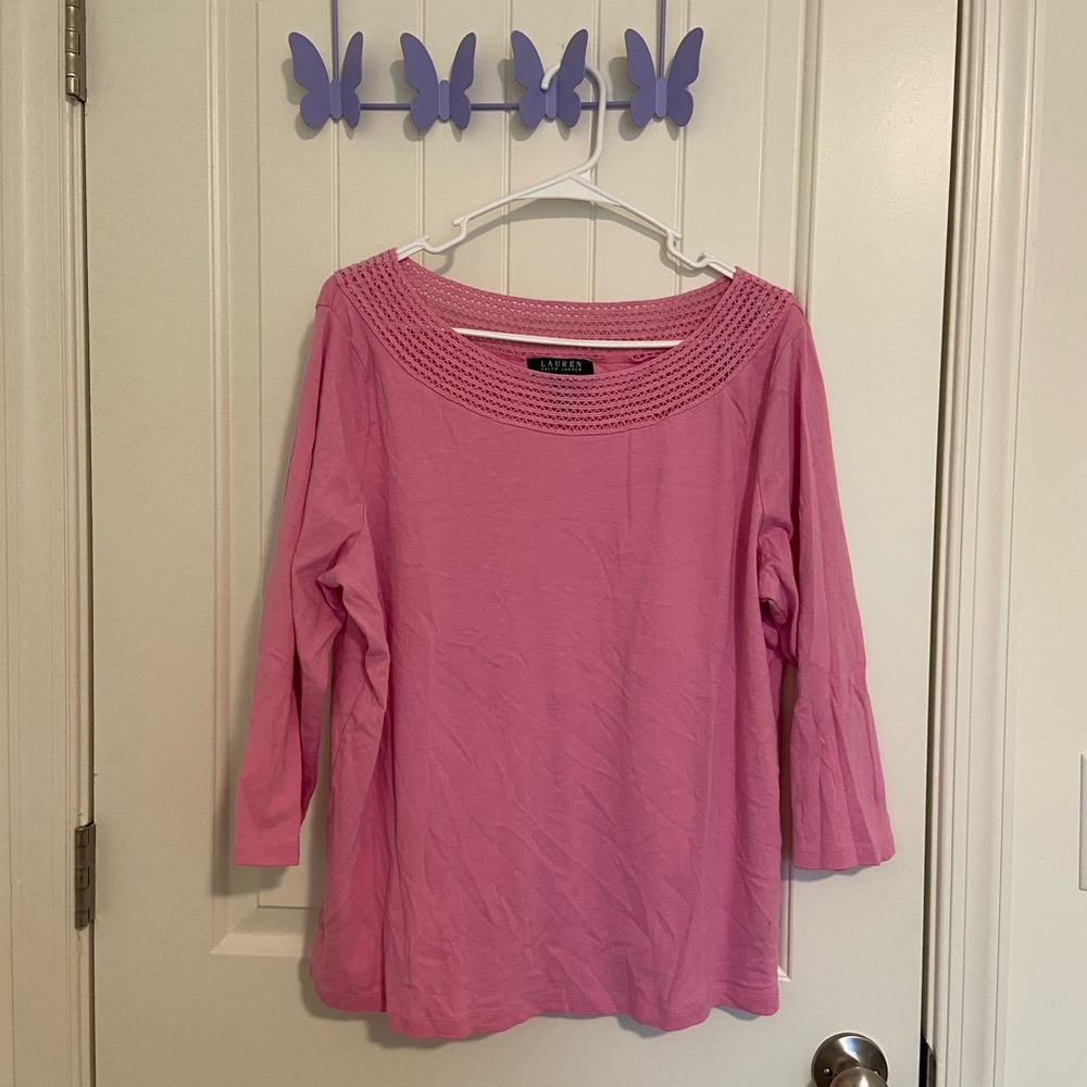 EUC Lauren Ralph Lauren women’s pink 3/4 sleeve boat-neck embroidered blouse 2X